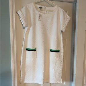 Talbots White and Green Sheath Dress Short Sleeve Crew Neck